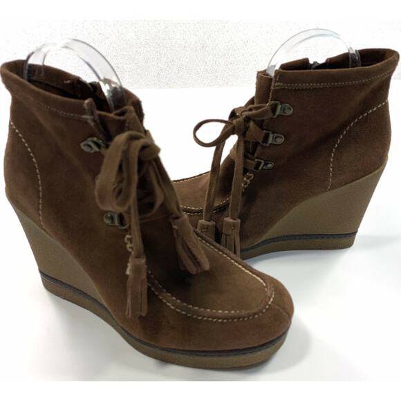 MIA Hazel Boot Brown Suede Leather Tassle Lace Up Wedge Bootie Size 7.5 M - Picture 12 of 12